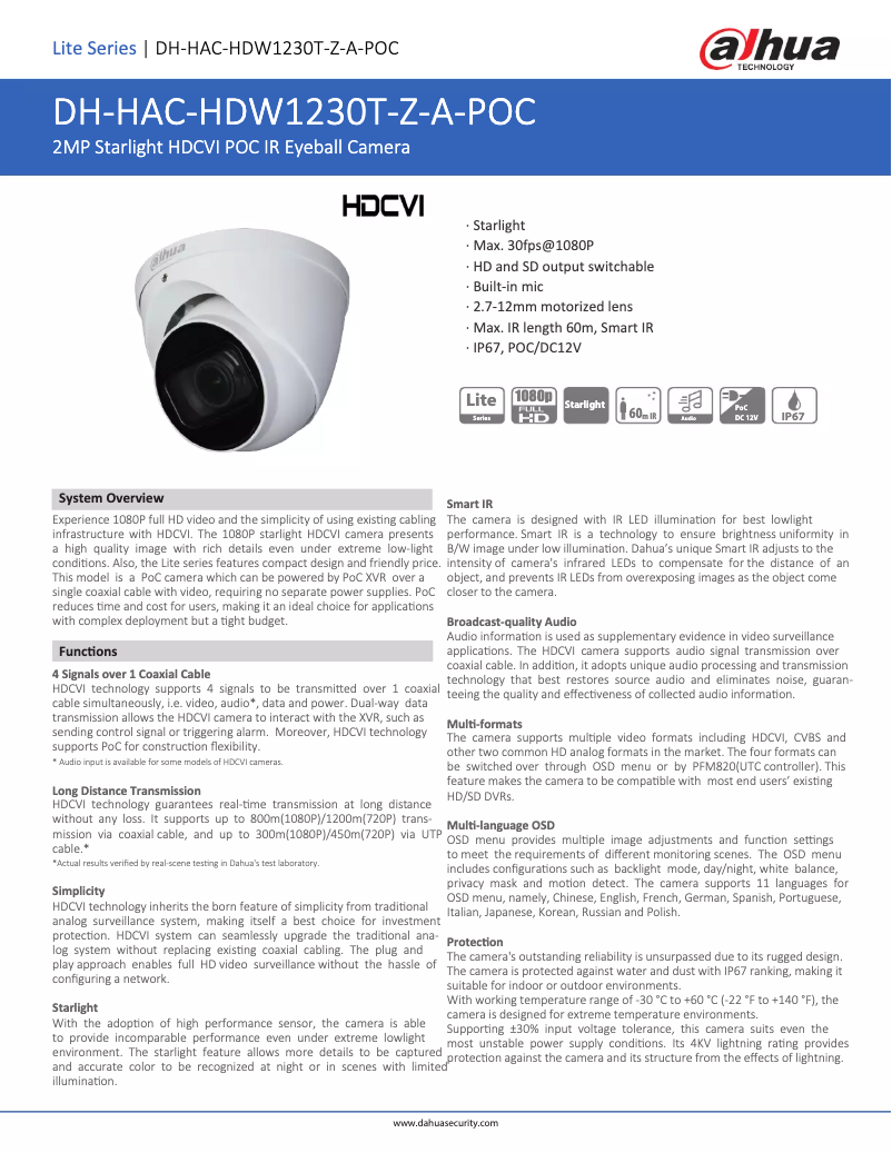 Page n°1 - Fiche technique Dahua Technology HAC-HDW1230T-Z-A-POC
