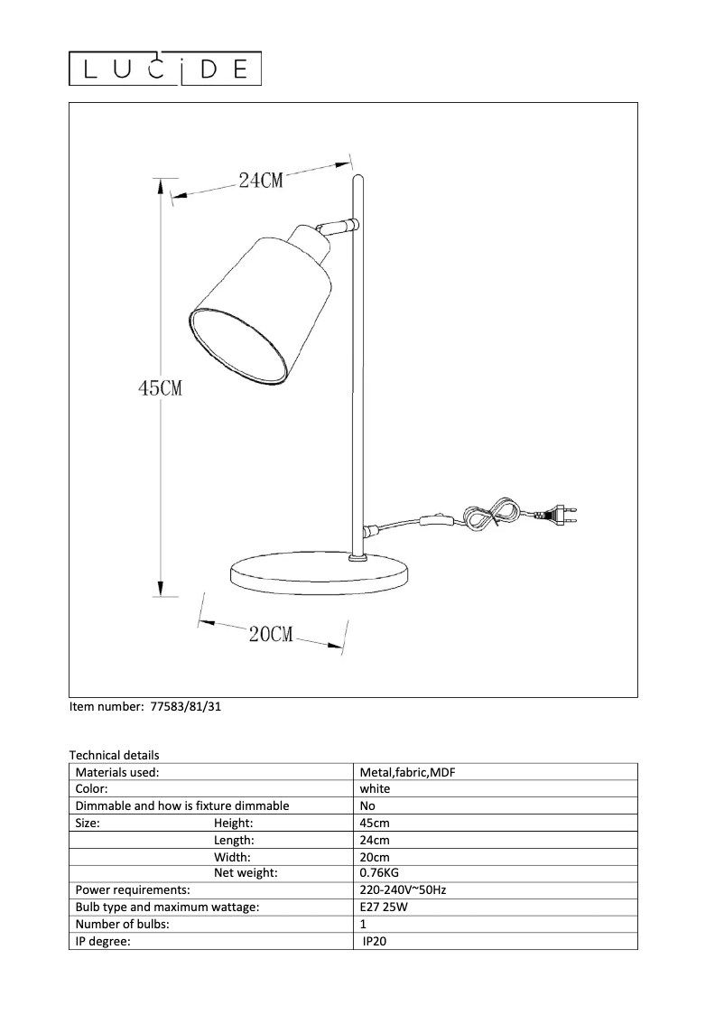 Page 1 of the manual User Manual Lucide Pippa 77583/81/31