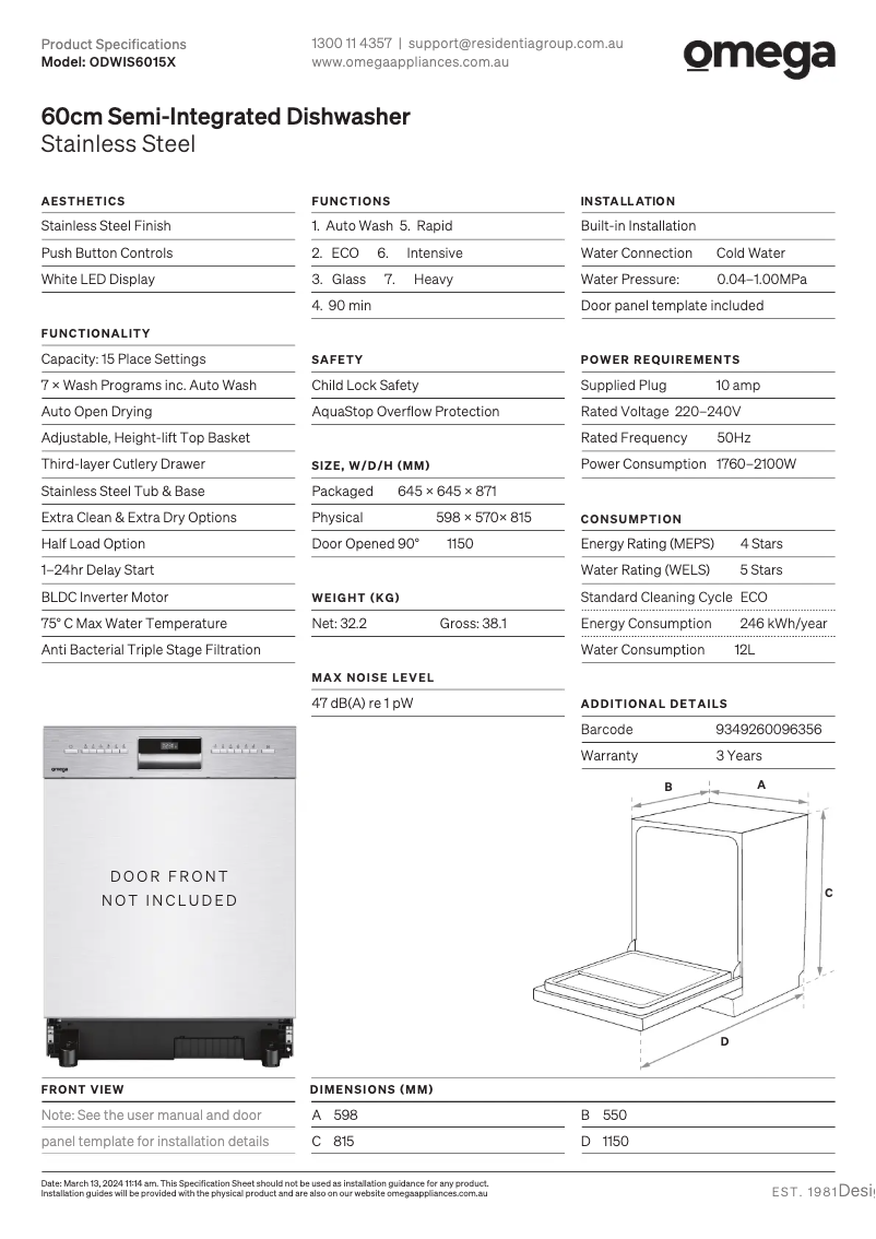 Page n°1 - Fiche technique Omega ODWIS6015X
