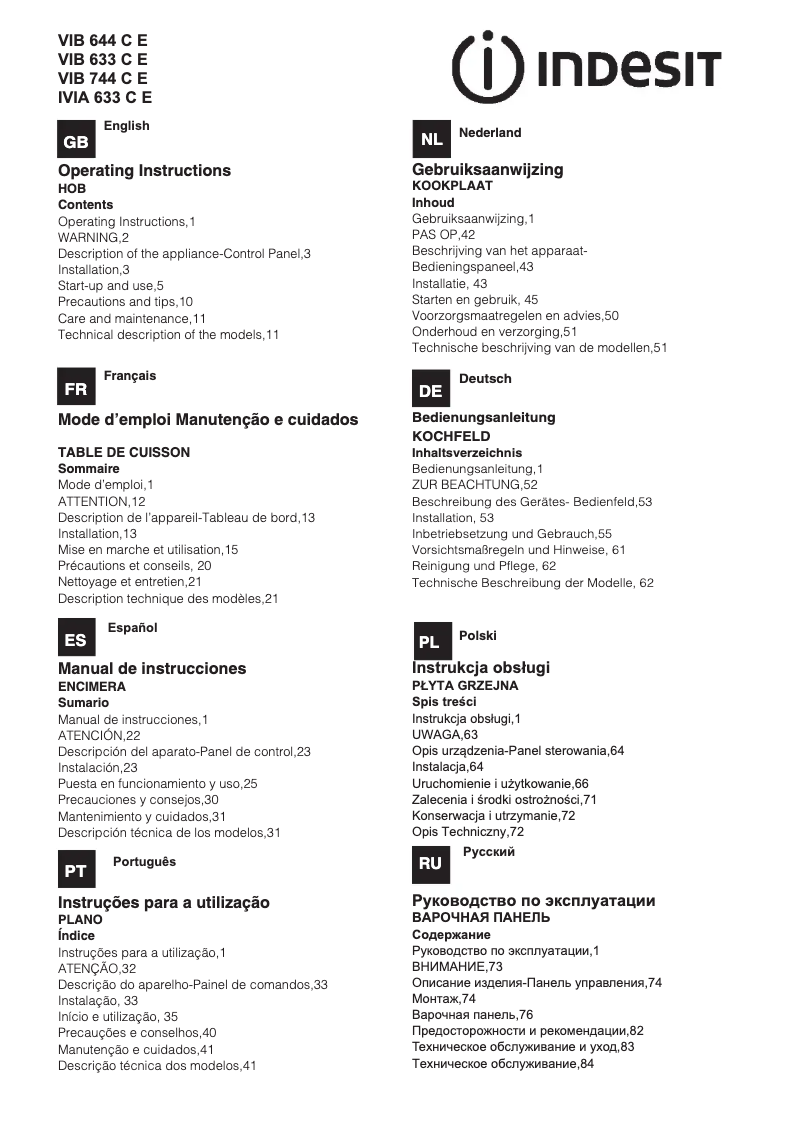 Página 1 del manual Manual de usuario Indesit IVIA 633