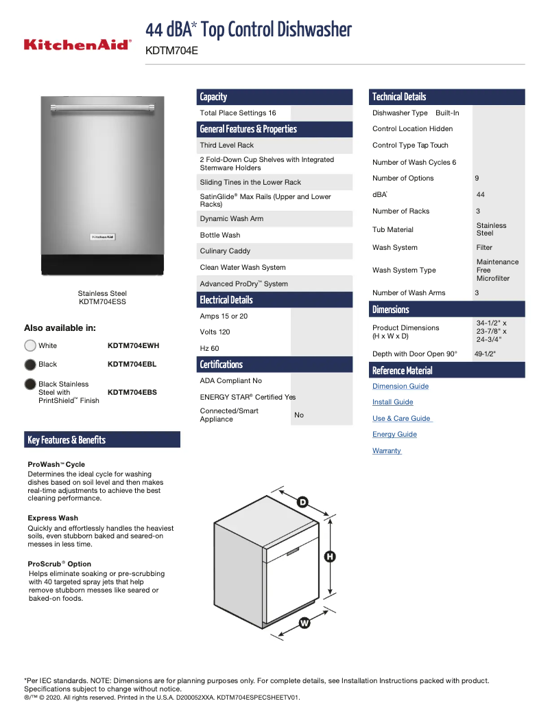Page n°1 - Fiche technique KitchenAid KDTM704EBS