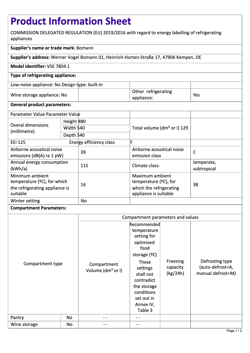 Page 1 de la notice Fiche technique Bomann VSE 7804.1