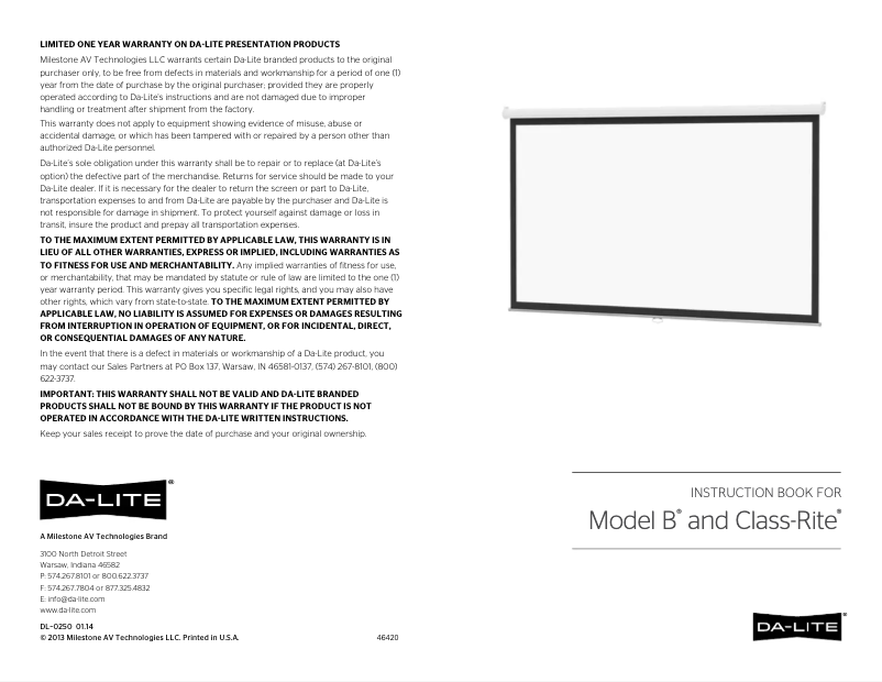 Page 1 de la notice Manuel utilisateur Da-Lite Model B