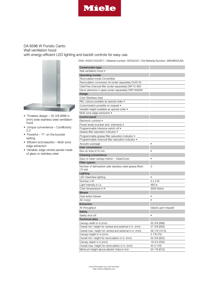 Page n°1 - Fiche technique Miele DA 6596 W Puristic Canto