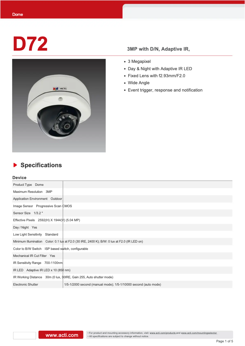 Page 1 de la notice Fiche technique ACTi D72