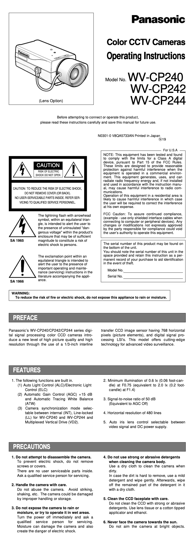 Page 1 de la notice Manuel utilisateur Panasonic WV-CP244