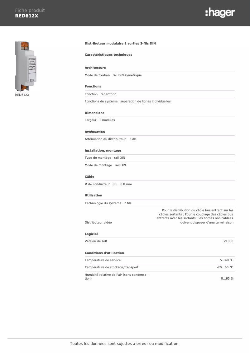Page n°1 - Fiche technique Hager RED612X