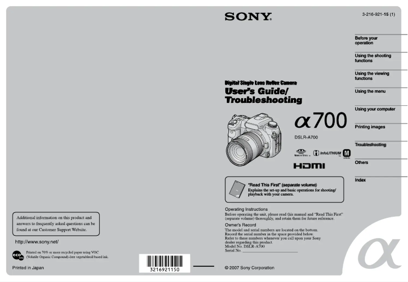 Page 1 de la notice Manuel utilisateur Sony Alpha DSLR-A700