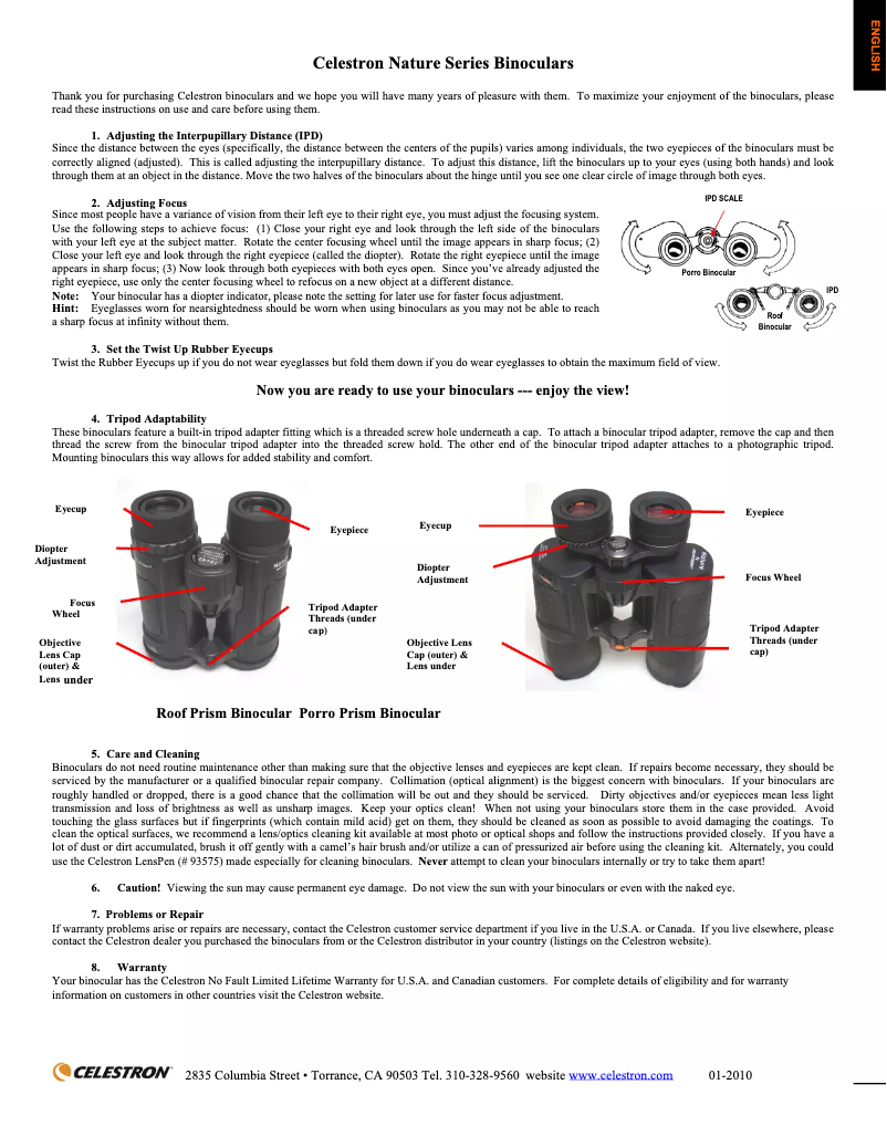 Page 1 de la notice Manuel utilisateur Celestron Nature Series 10x42