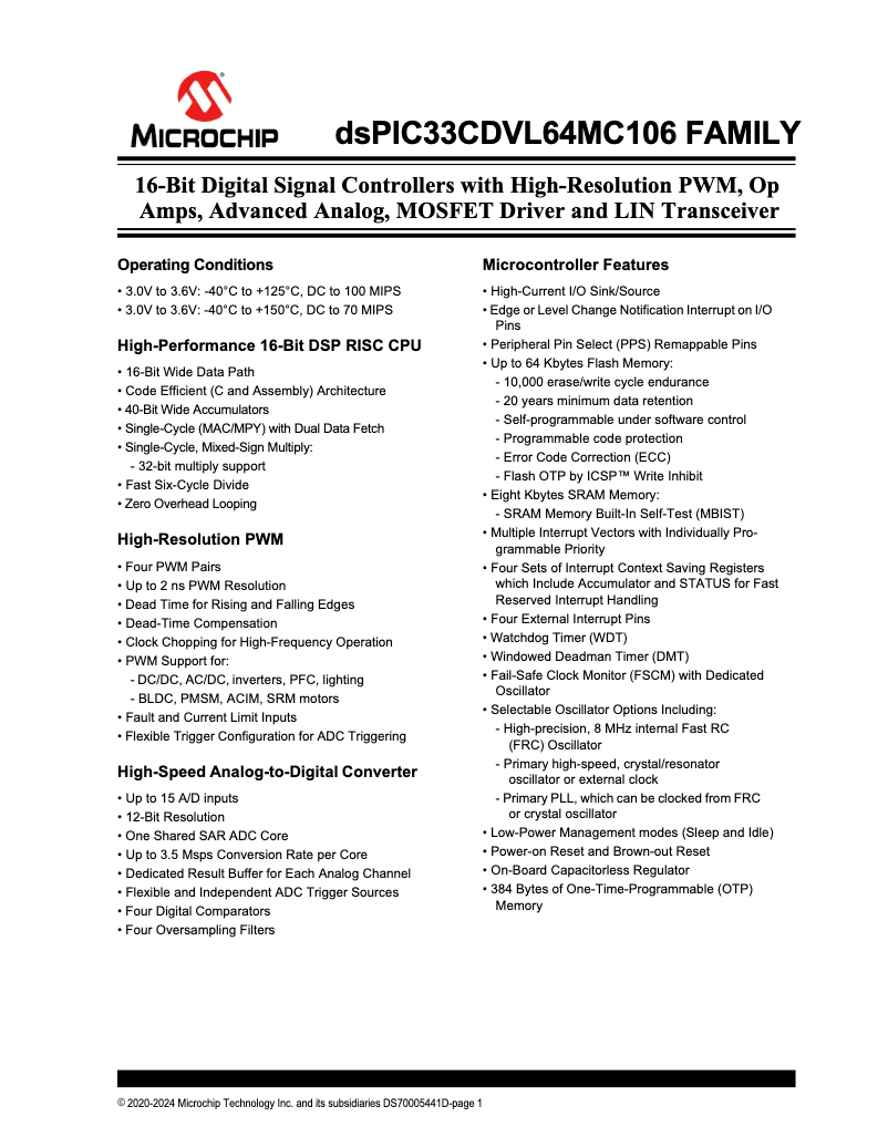 Page 1 de la notice Manuel utilisateur Microchip dsPIC33CDVL64MC106