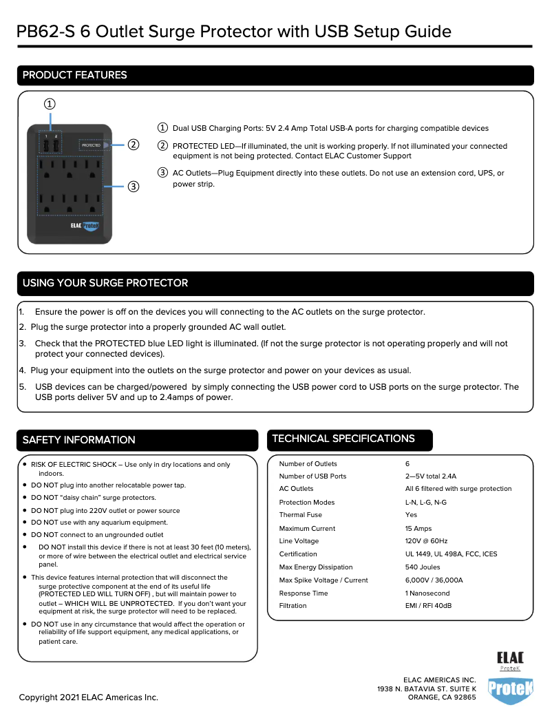 Page 1 de la notice Fiche technique ELAC Protek 6 Outlet PB-62S
