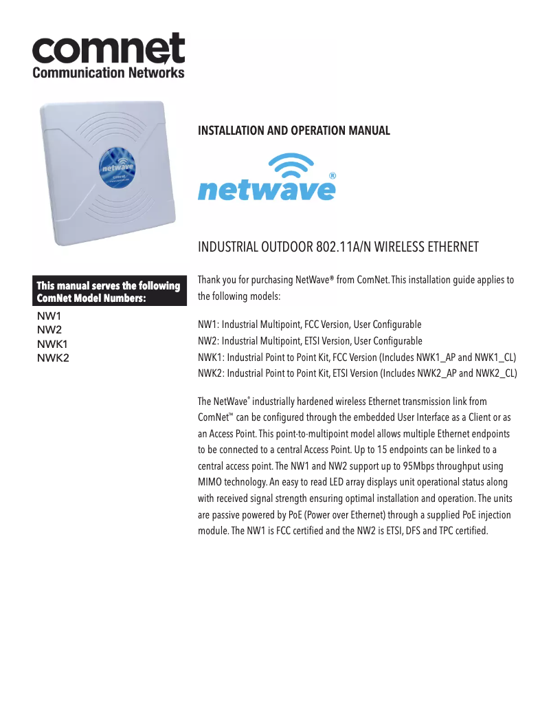 Page n°1 - Manuel utilisateur ComNet NetWave NW1