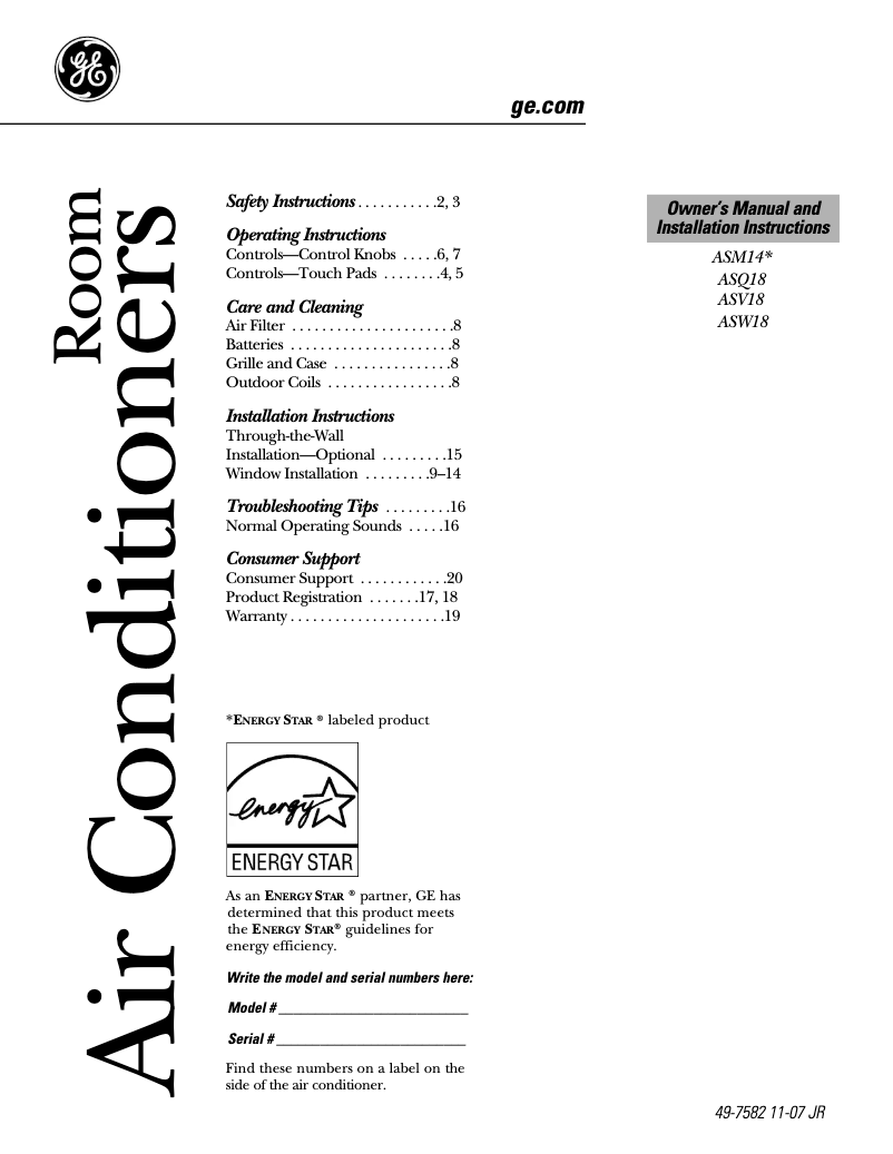Page 1 de la notice Guide d'installation GE ASQ18DL