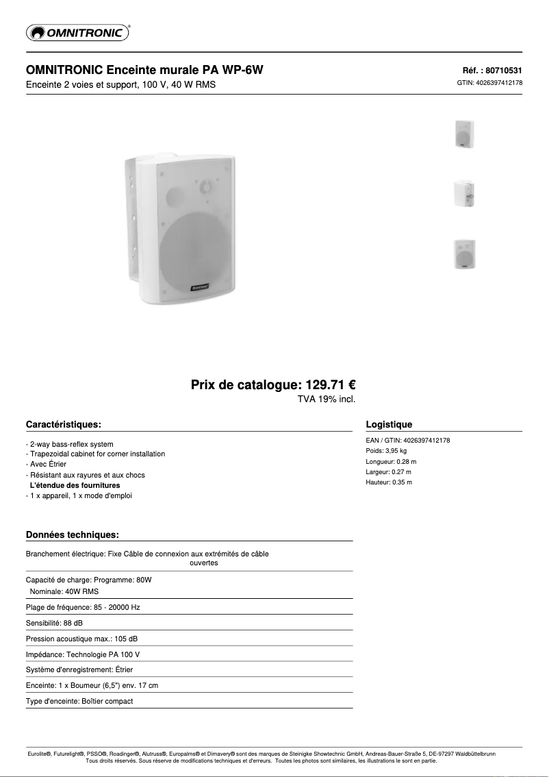 Page 1 de la notice Fiche technique Omnitronic WP-6W