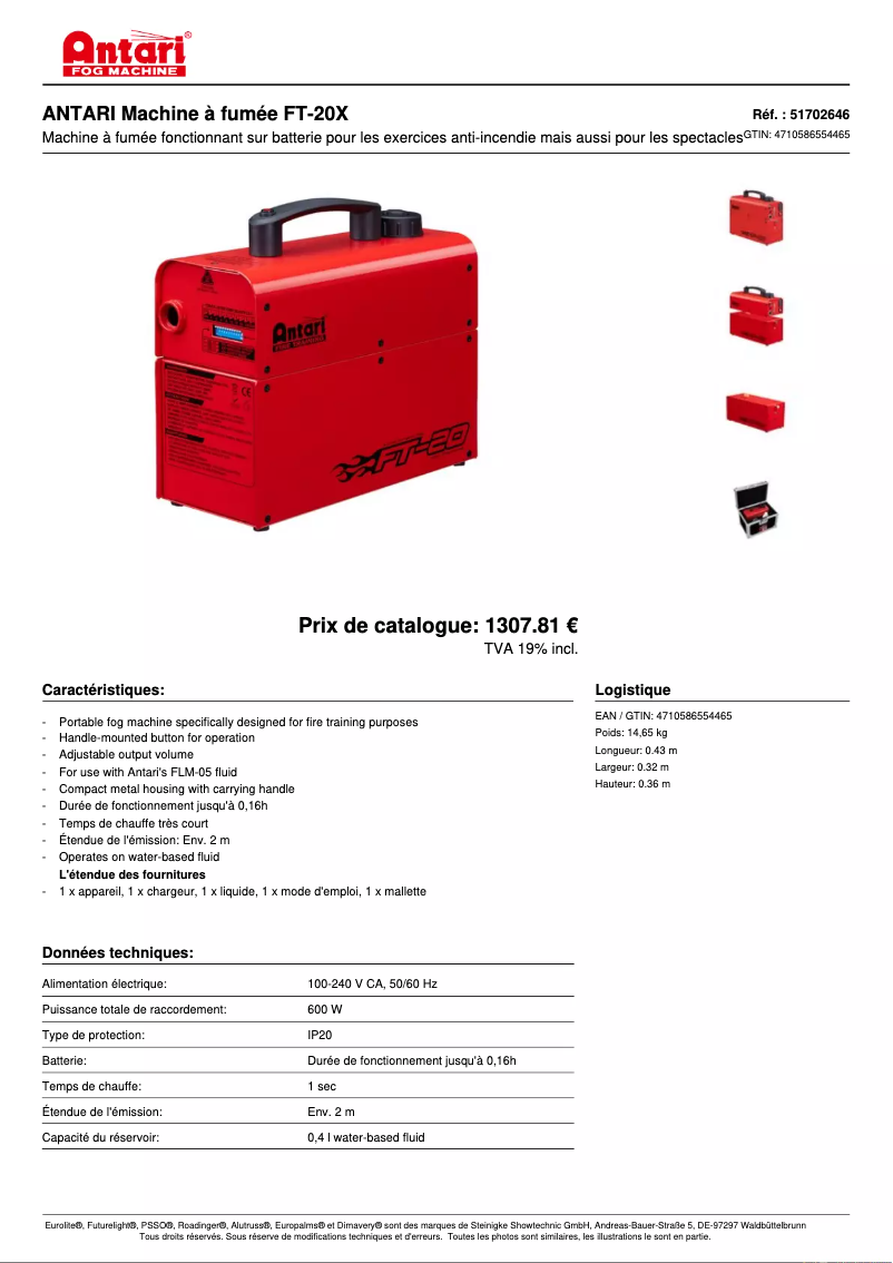 Page 1 de la notice Fiche technique Antari FT-20X