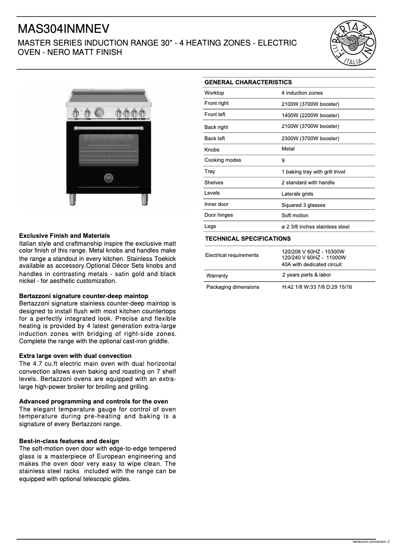 Page 1 de la notice Fiche technique Bertazzoni MAS304INMNEV