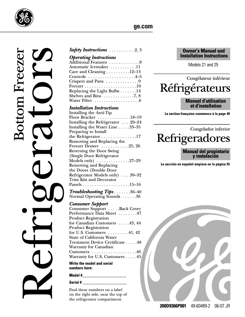 Page n°1 - Manuel d'utilisation et d'entretien GE Profile PFCF1NJWCC