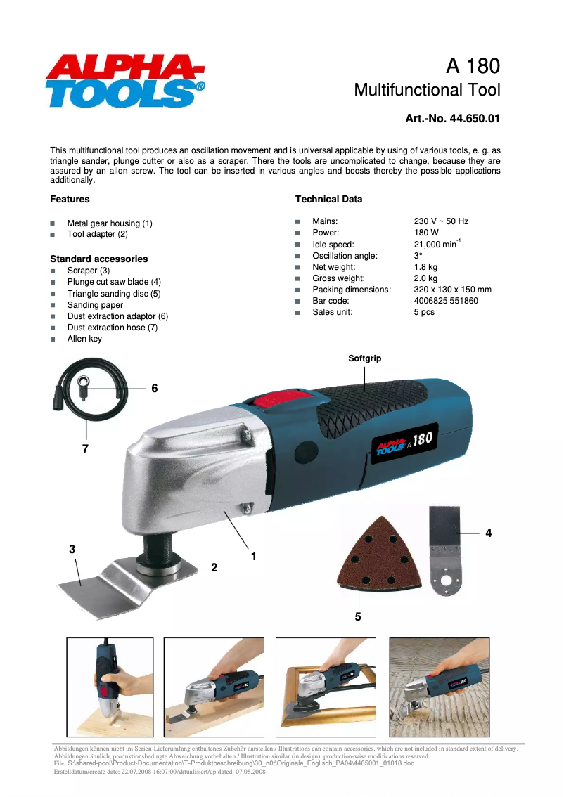 Page 1 de la notice Manuel utilisateur Alpha Tools A 180