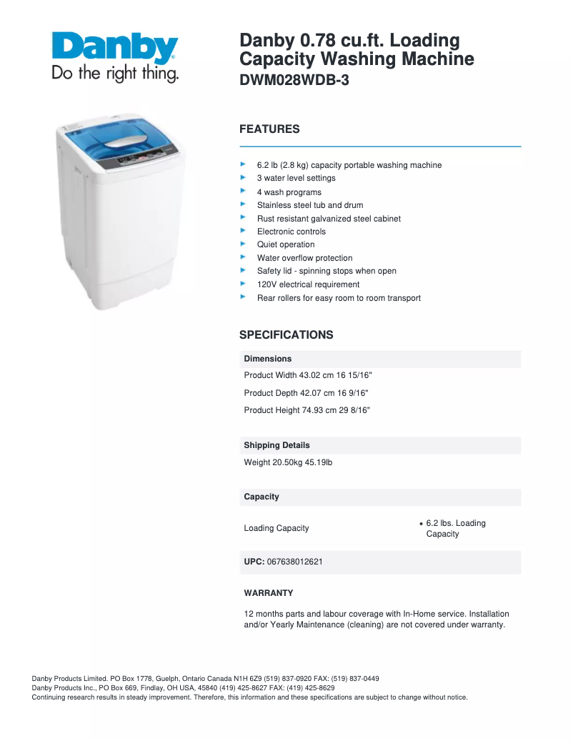 Page n°1 - Fiche technique Danby DWM028WDB-3