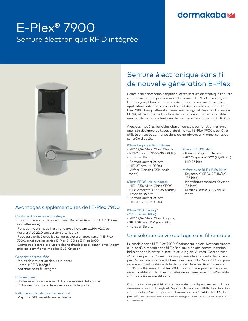 Page 1 de la notice Manuel utilisateur Dormakaba E-Plex 7900