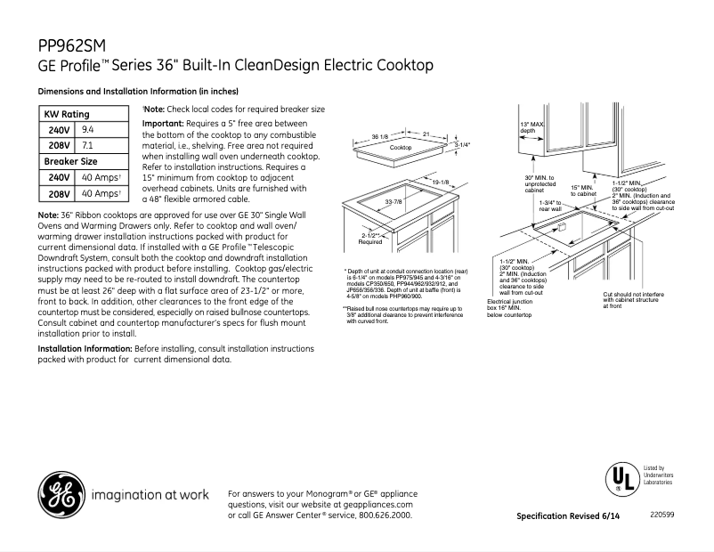 Page n°1 - Fiche technique GE Profile PP962SMSS