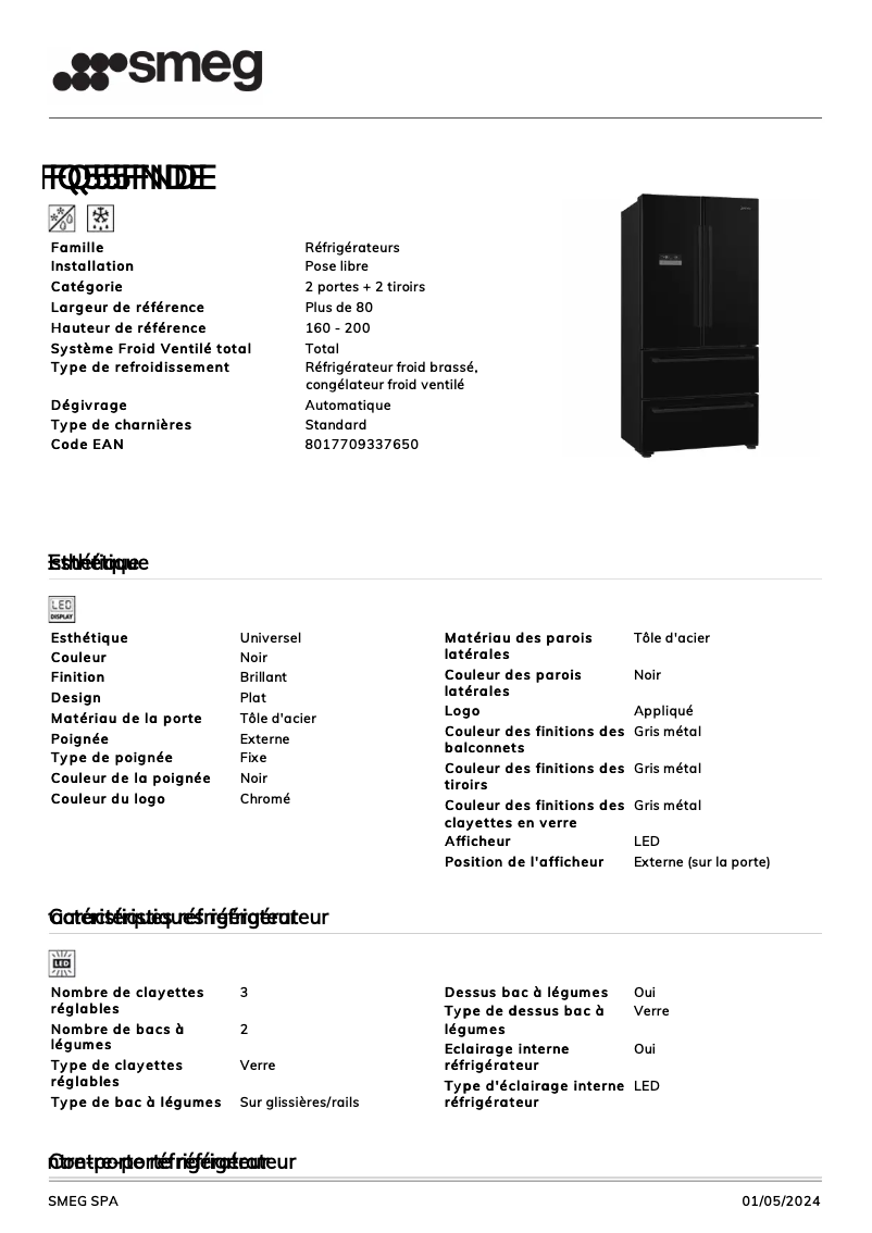 Page 1 de la notice Fiche technique Smeg FQ55FNDE