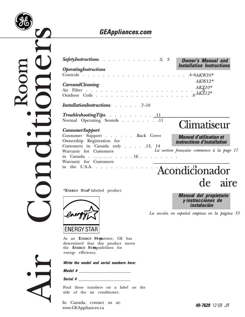 Page n°1 - Guide d'installation GE AKW10AN