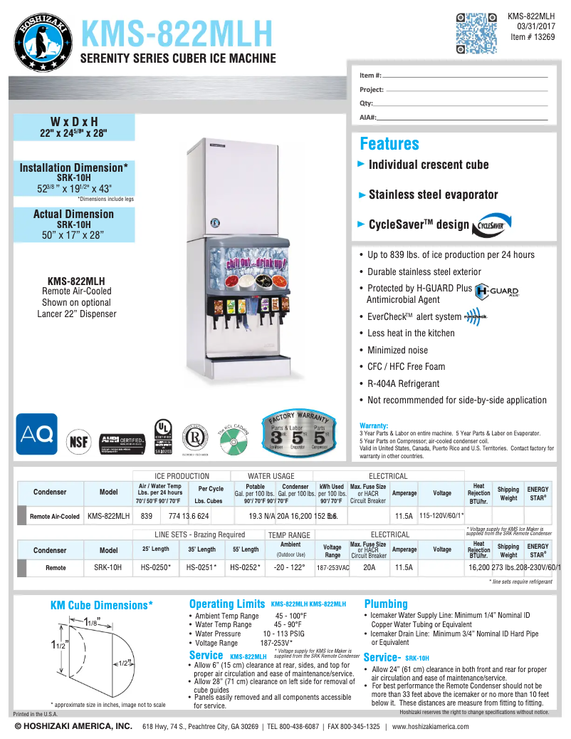 Page 1 de la notice Fiche technique Hoshizaki KMS-822MLH