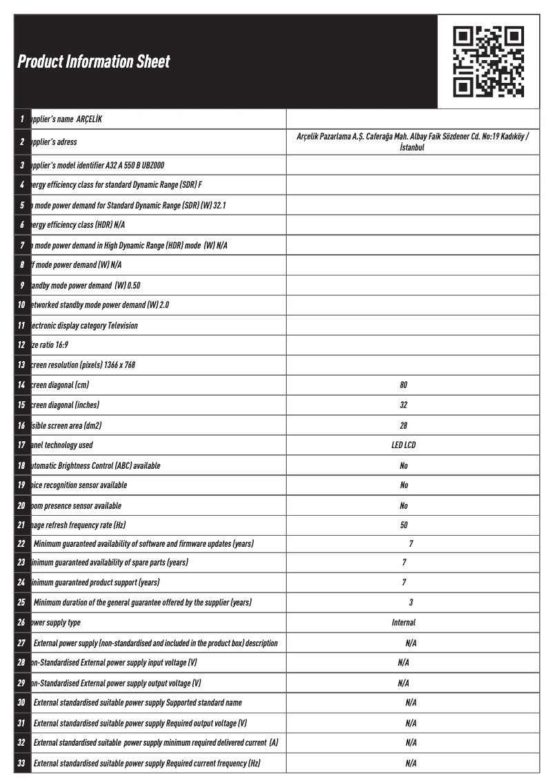 Page n°1 - Fiche technique Arçelik A32 A 550 B