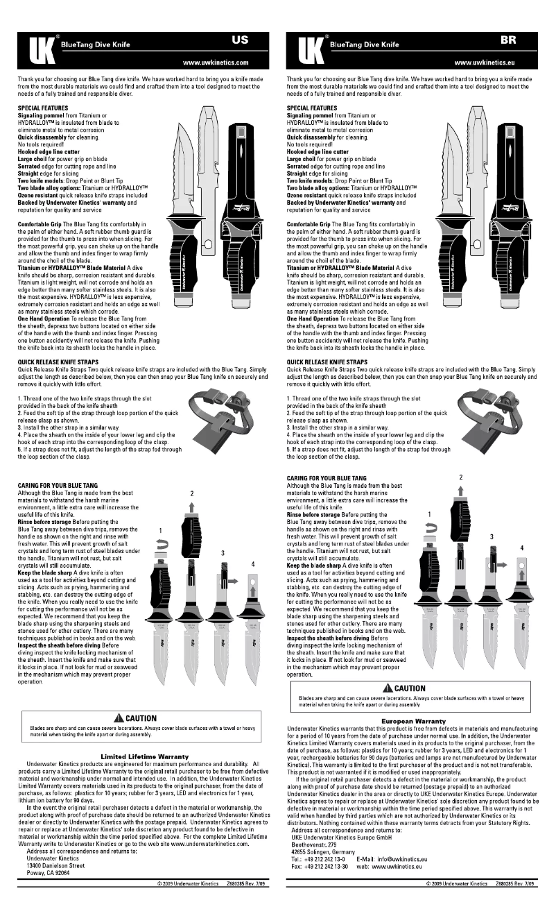 Page 1 de la notice Manuel utilisateur Underwater Kinetics Blue Tang Hydralloy