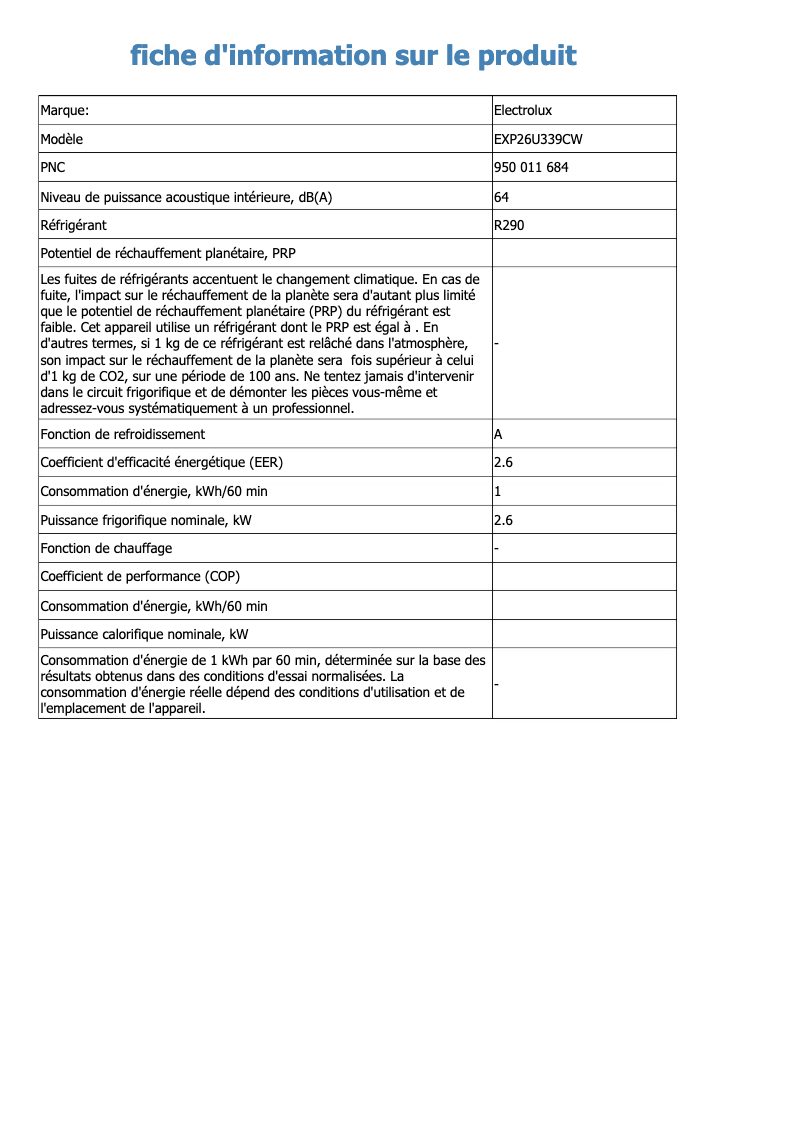Page n°1 - Fiche technique Electrolux EXP26U339CW