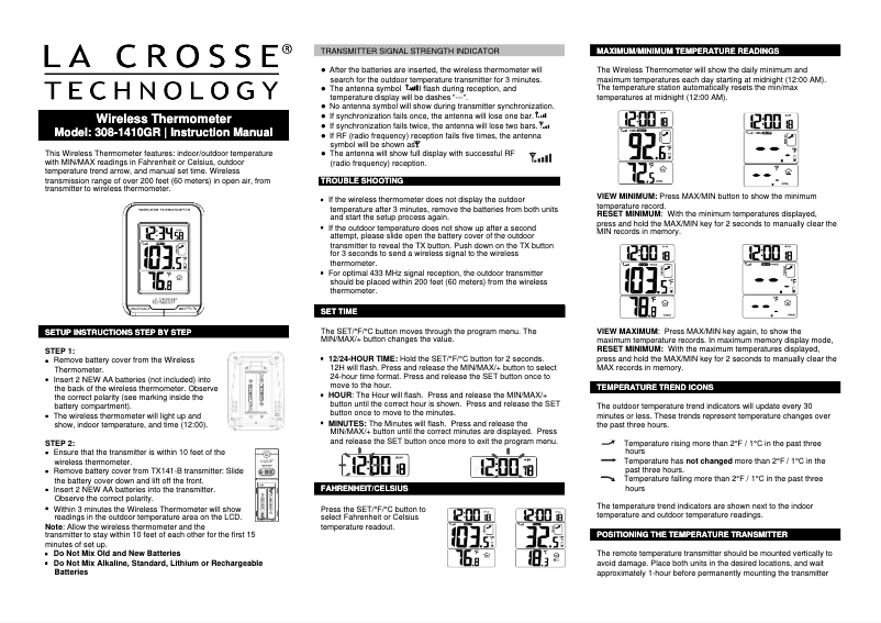 Page n°1 - Manuel utilisateur La Crosse Technology 308-1410GR