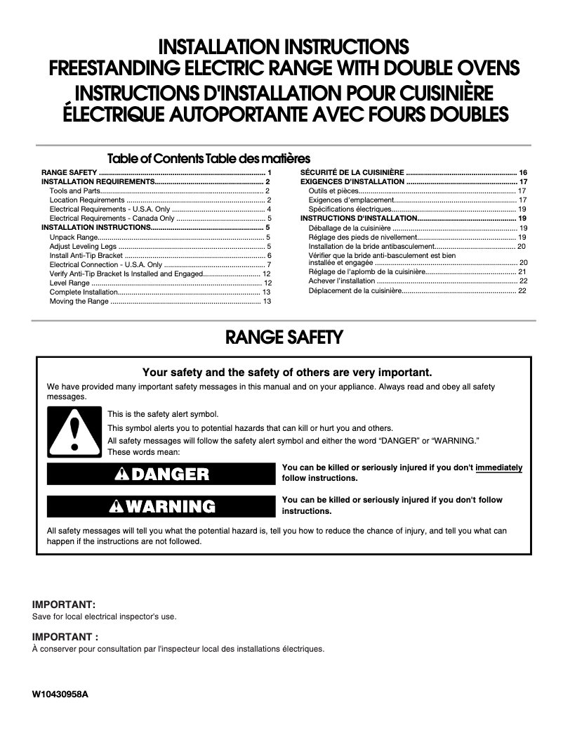 Page 1 de la notice Manuel utilisateur Whirlpool WGE555S0BB
