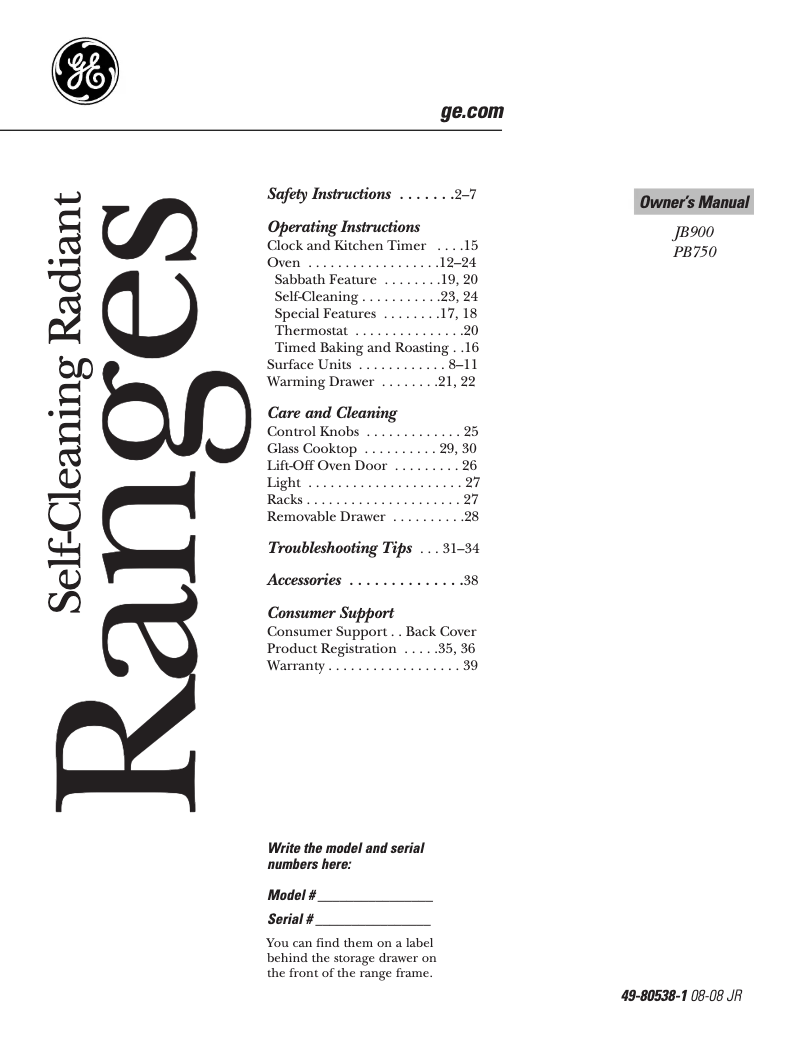 Page 1 of the manual Use and Maintenance Manual GE Profile JB900KKCC