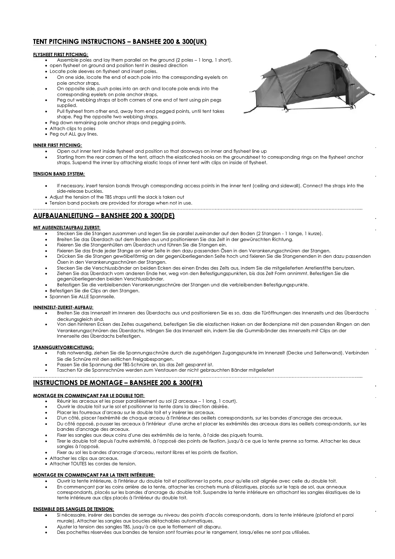 Page 1 de la notice Manuel utilisateur Vango Banshee 300