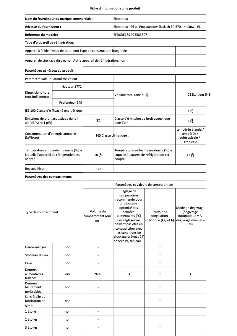 Page 1 de la notice Fiche technique Electrolux EFD6DE18S