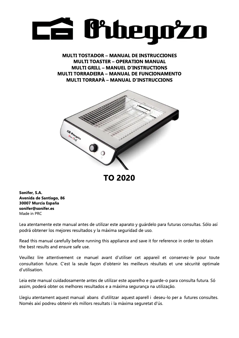 Page n°1 - Manuel utilisateur Orbegozo TO 2020