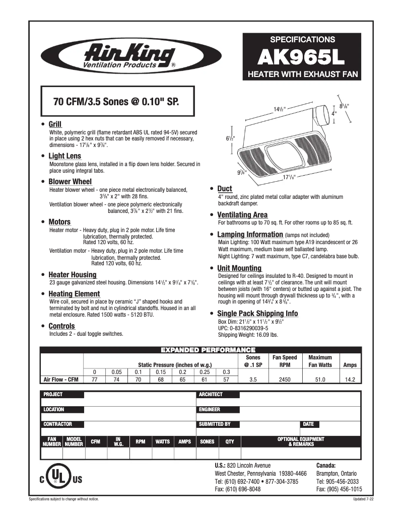 Page 1 de la notice Fiche technique Air King AK965L