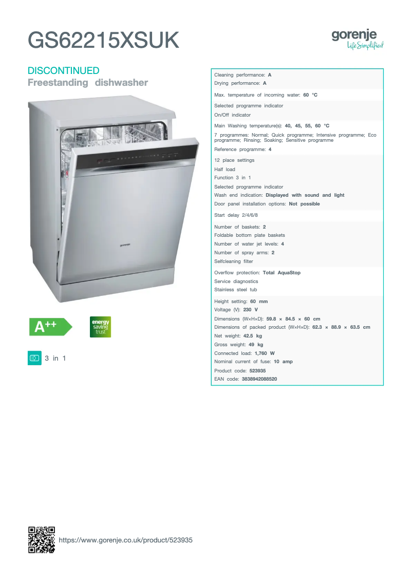 Page n°1 - Fiche technique Gorenje GS62215XSUK