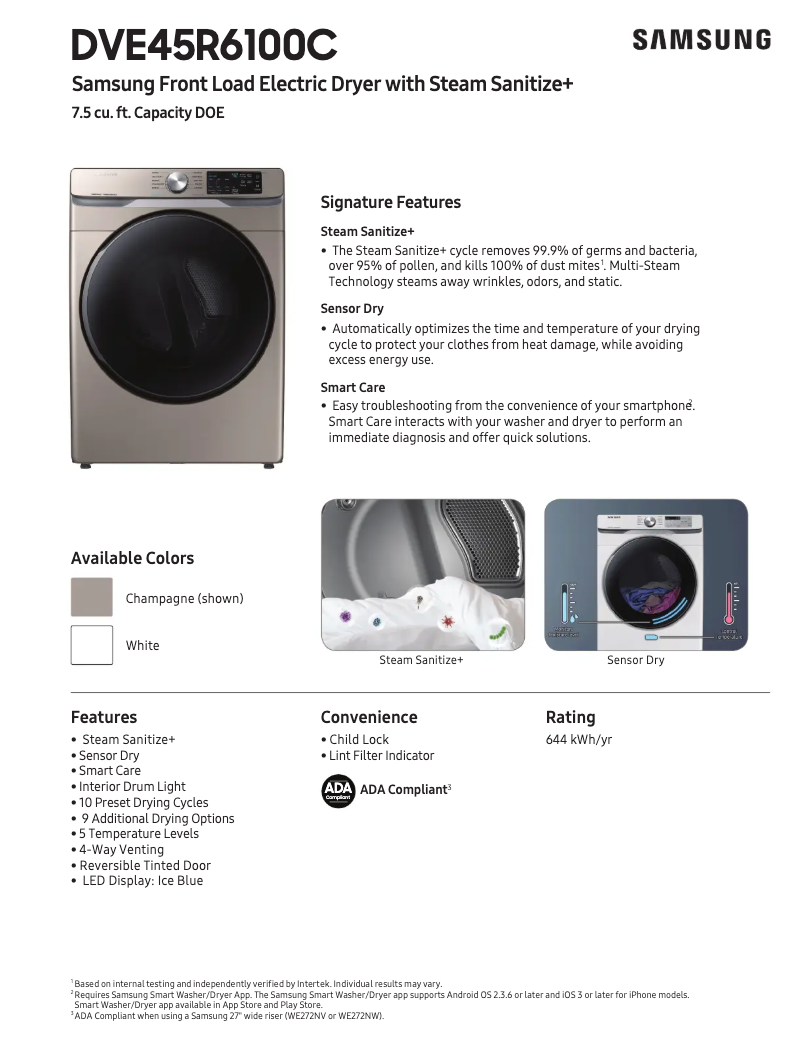 Page 1 de la notice Fiche technique Samsung DVE45R6100C