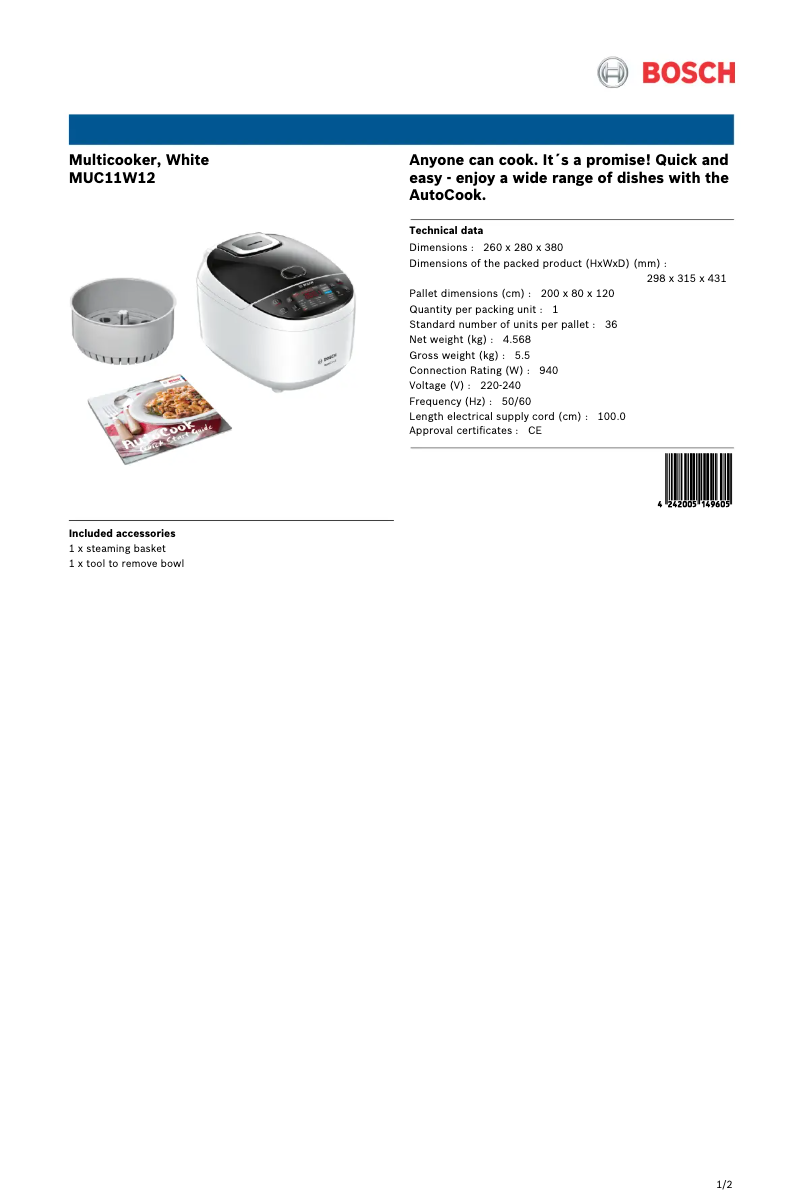 Imagen de la primera página del manual del dispositivo AutoCook MUC11W12