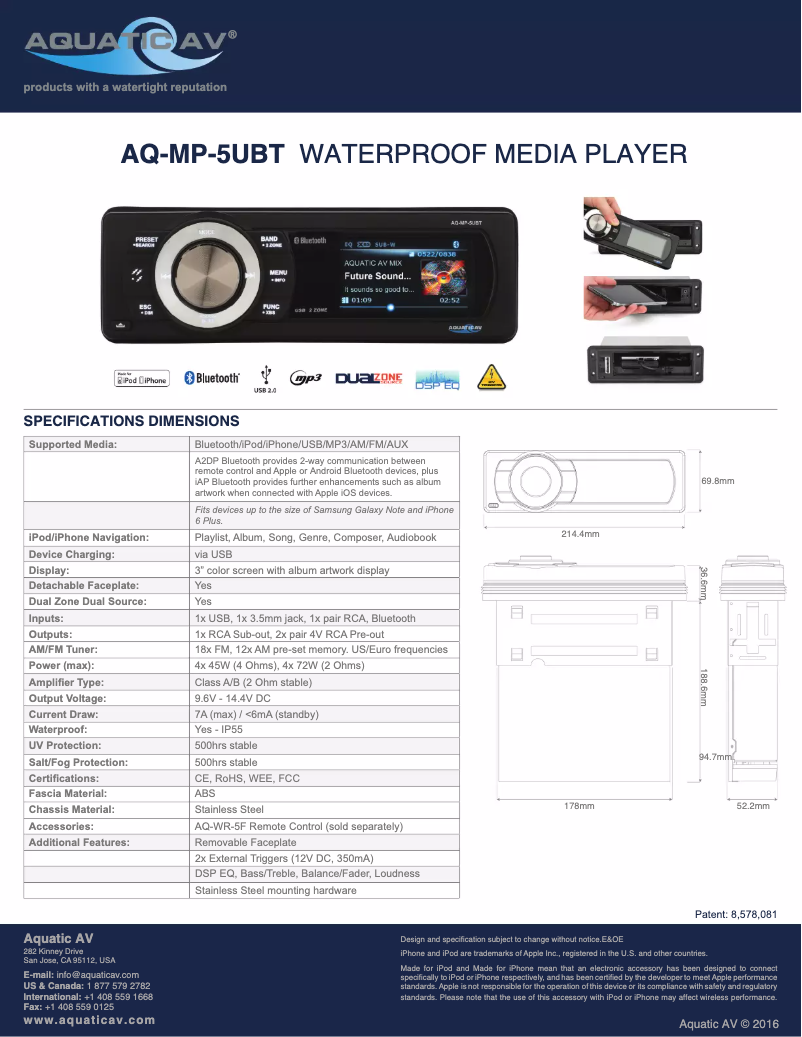 Page 1 de la notice Fiche technique Aquatic AV AQ-MP-5UBT