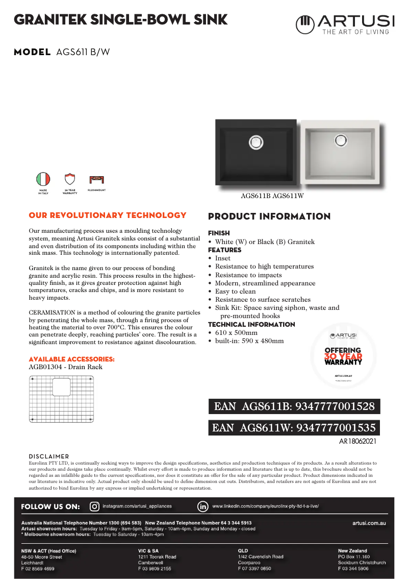 Page 1 de la notice Fiche technique Artusi AGS611W