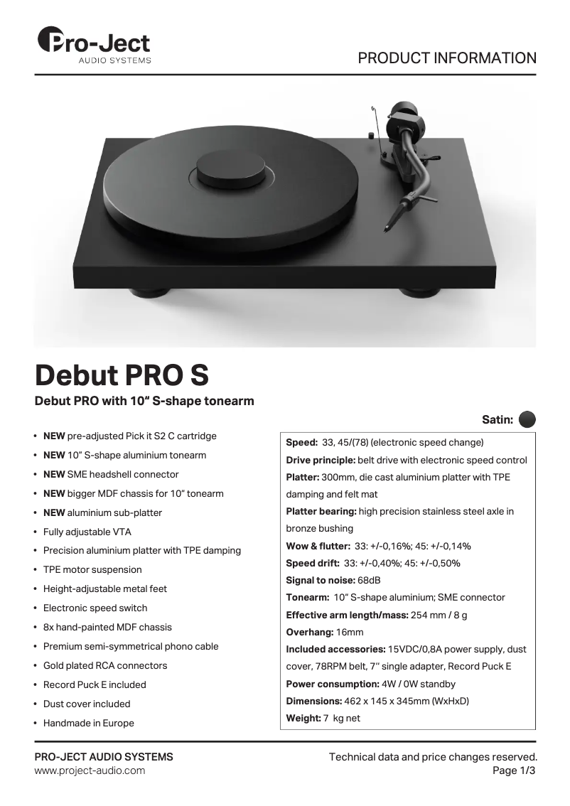Página 1 del manual Ficha técnica Pro-Ject Debut PRO S