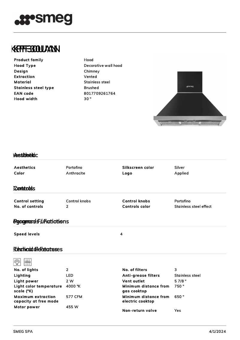 Page n°1 - Fiche technique Smeg KPF30UAN