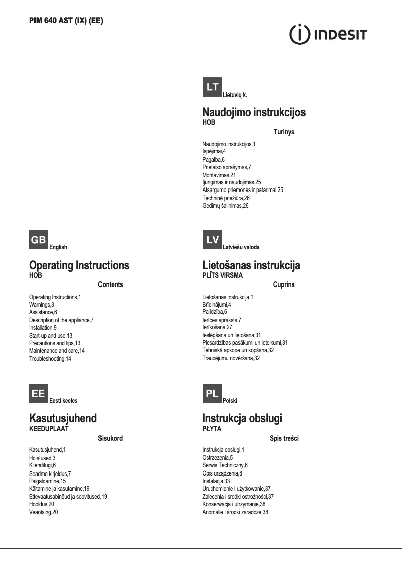 Página 1 del manual Manual de usuario Indesit PIM 640 AST (IX) (EE)