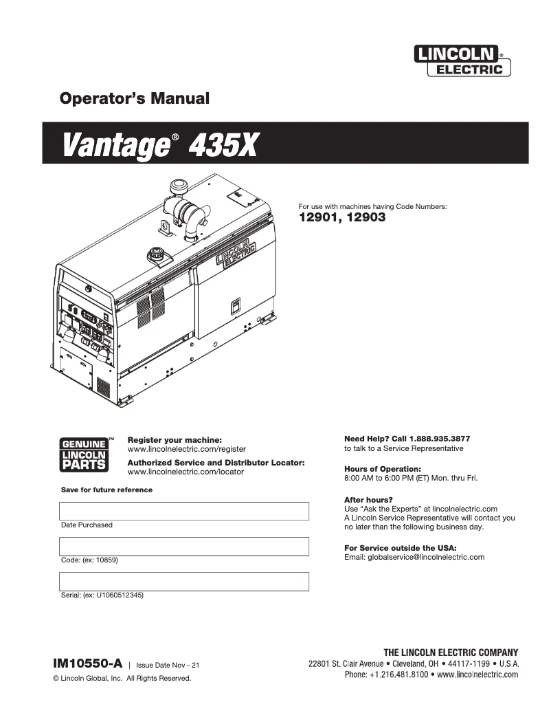 Página 1 del manual Manual de usuario Lincoln Electric Vantage 435X