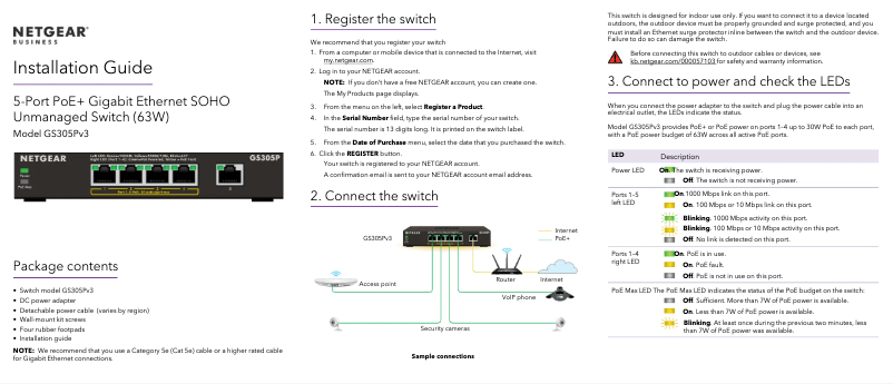 Page n°1 - Guide d'installation Netgear GS305Pv3