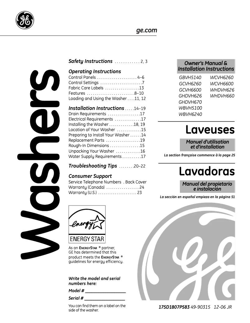 Page n°1 - Manuel utilisateur GE GHDVH626