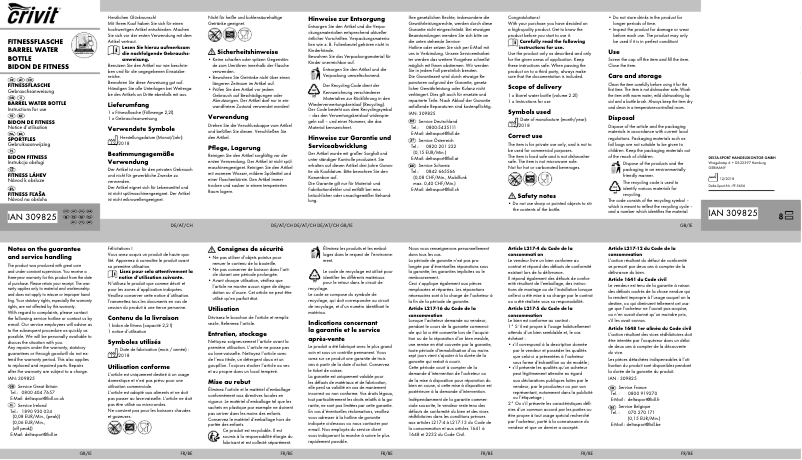 Page 1 de la notice Manuel utilisateur Crivit IAN 309825